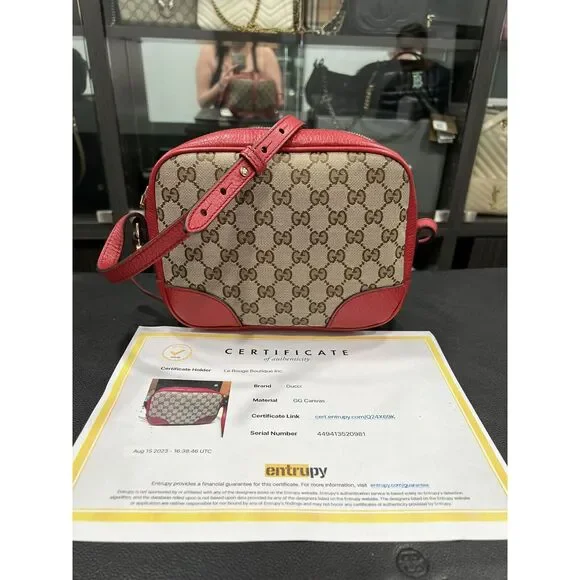 Gucci Bree GG Supreme Camera Crossbody W/Red Leather W/Cert. Of Authenticity - Picture 6 of 15